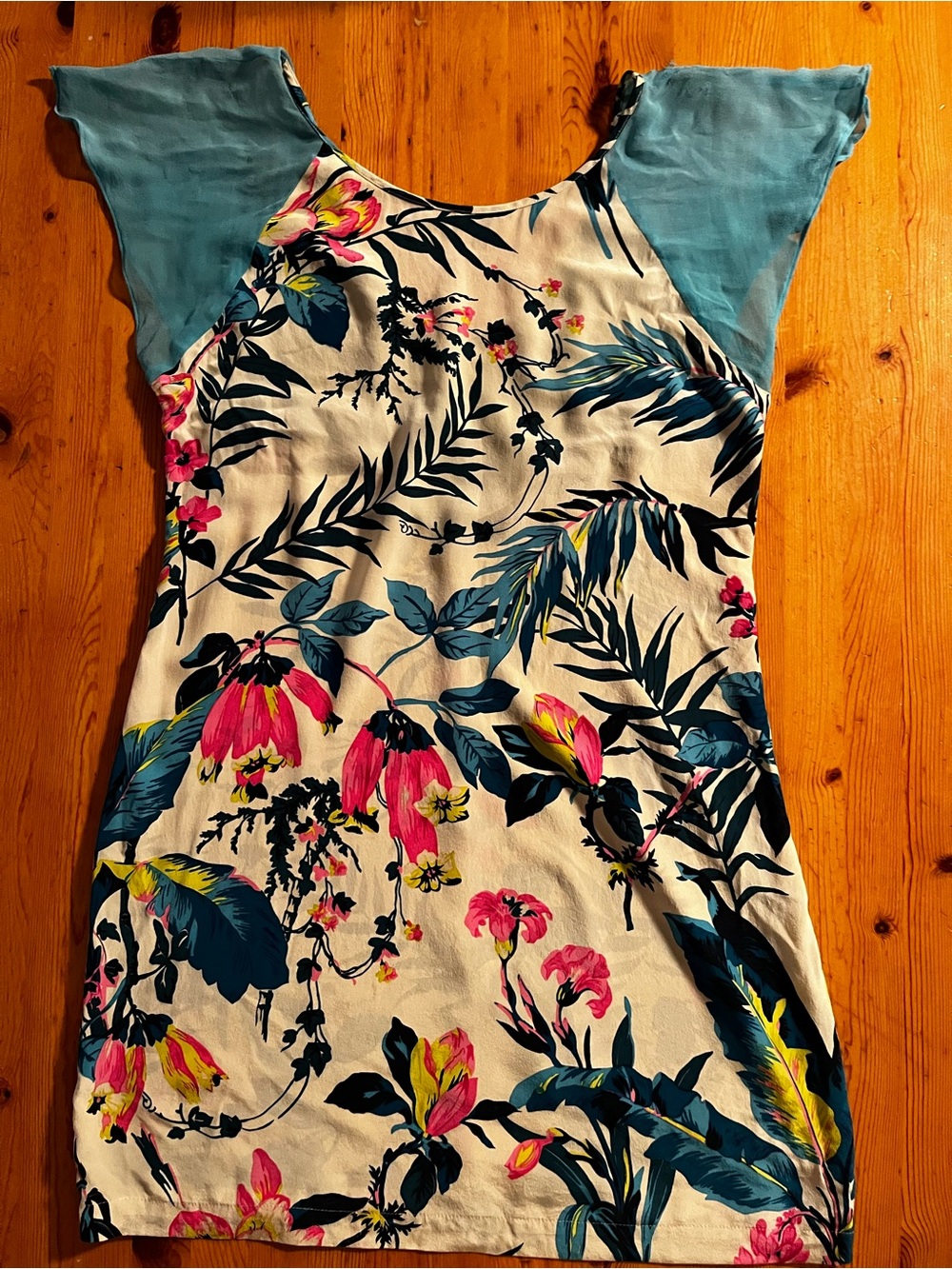 Cream Floral Mini Dress with Blue Sleeves and Pink Accents